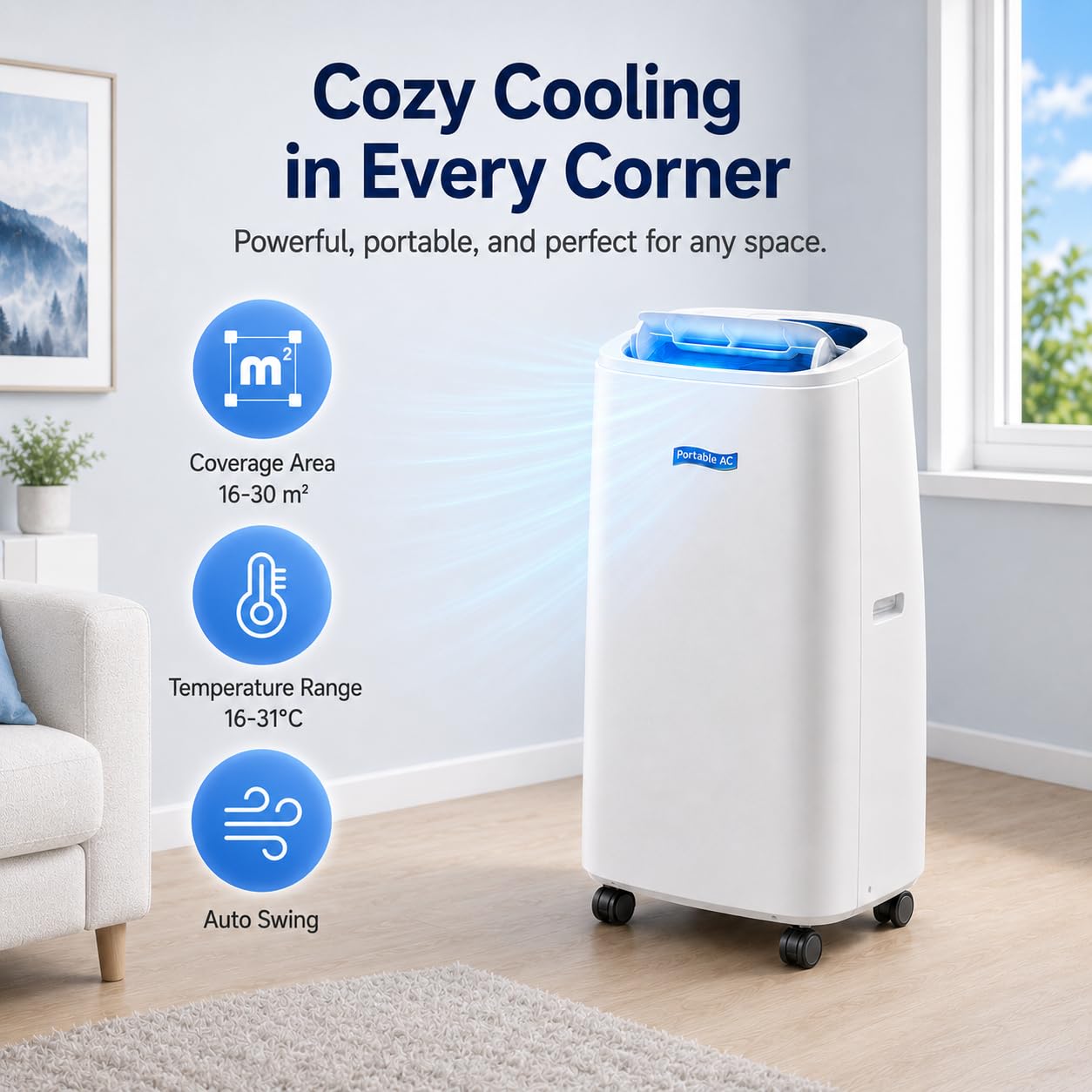 Przenośny klimatyzator do pomieszczeń do 30 m² z ogrzewaniem 9000 BTU (18000BTU) | Urządzenie chłodzące 12000/14000/18000 BTU z osuszaczem powietrza, wentylatorem, ogrzewaniem, pilotem i timerem