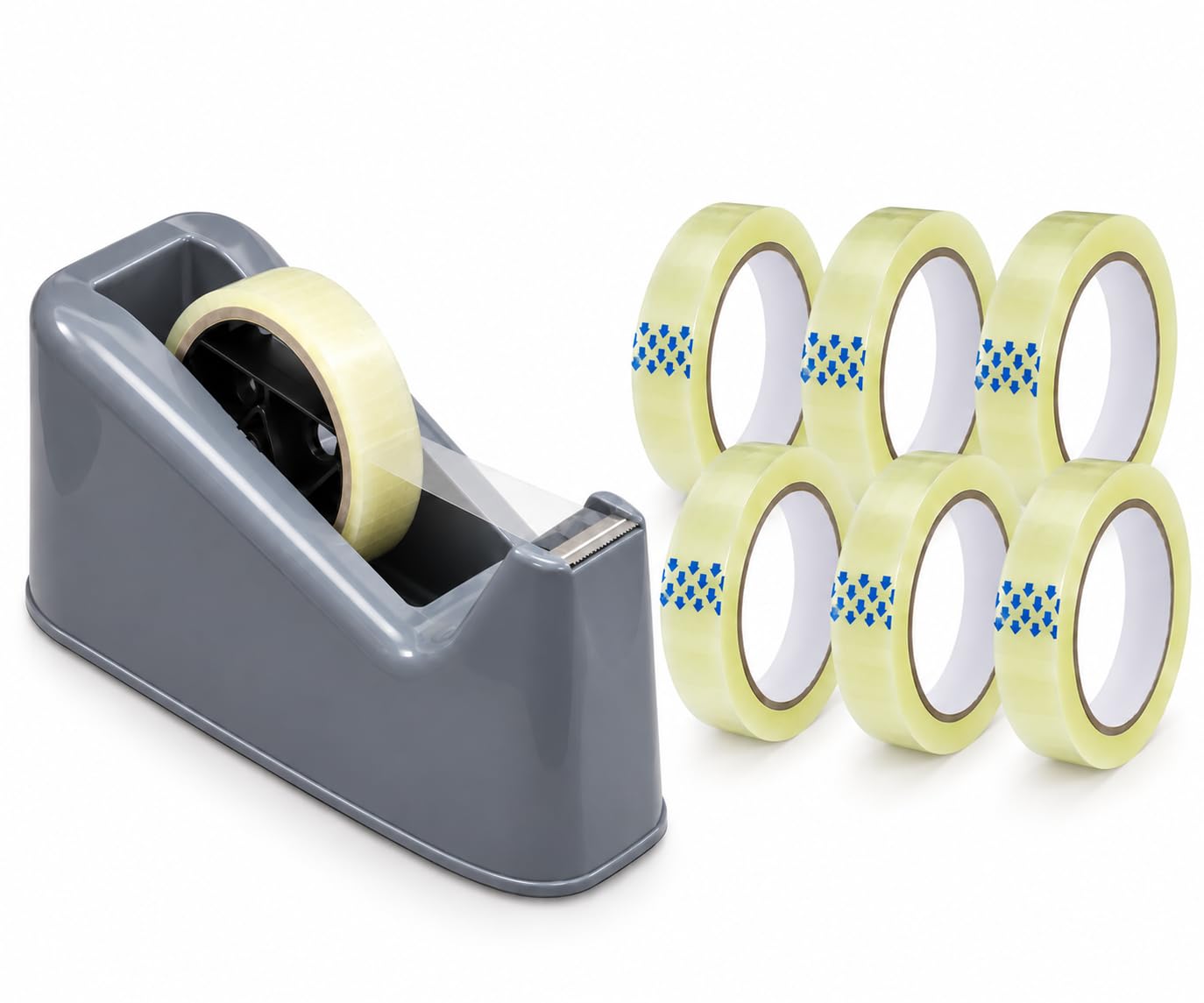 ALMO - Tape Dispenser with 6 Rolls of Clear Transparent Sticky Tape, Desktop Tape Dispenser with Weighted Non-Slip Base, Tape Refills for Office, School, Home, Crafts and Gift Wrapping