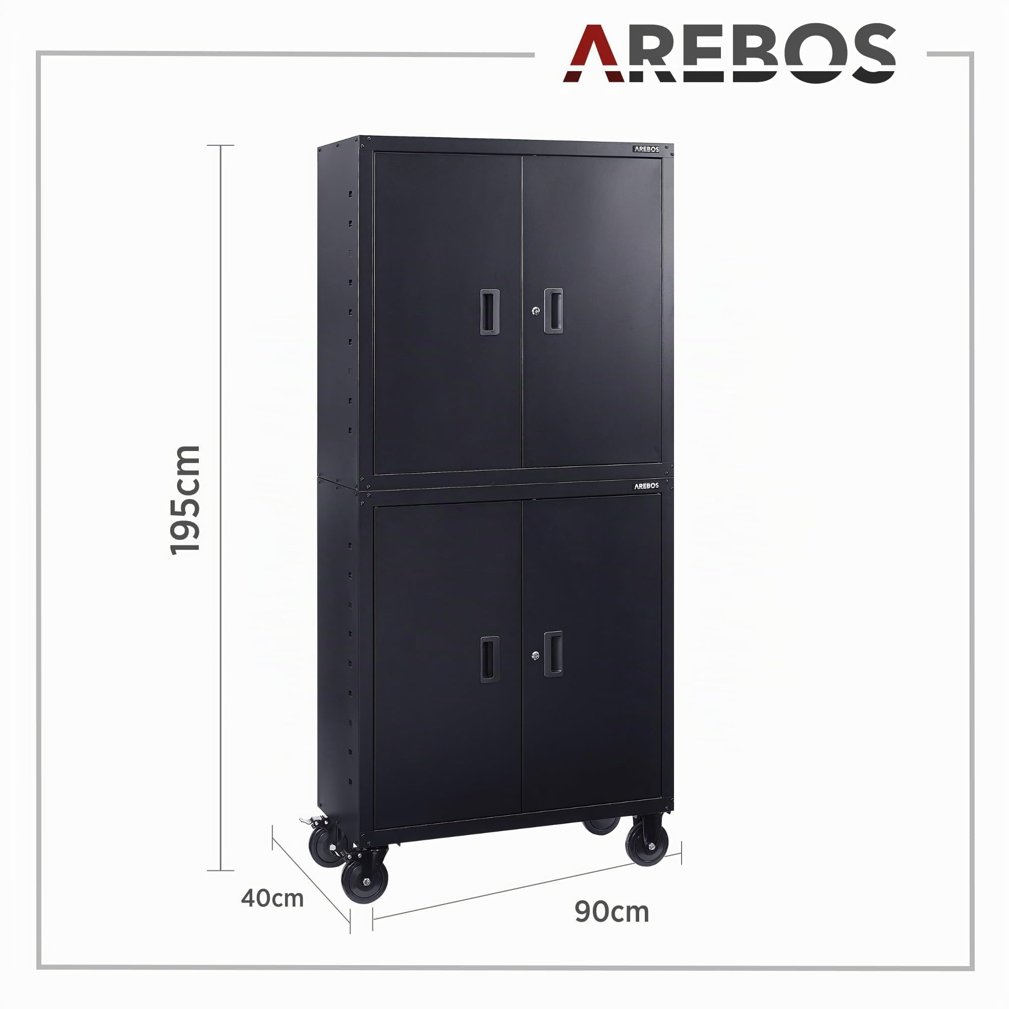 Arebos Armadietto da ufficio, nero, 195 x 40 x 90 cm, set da 2 pezzi, 4 ante, con ruote, 2 ripiani regolabili in altezza, con serratura a cilindro