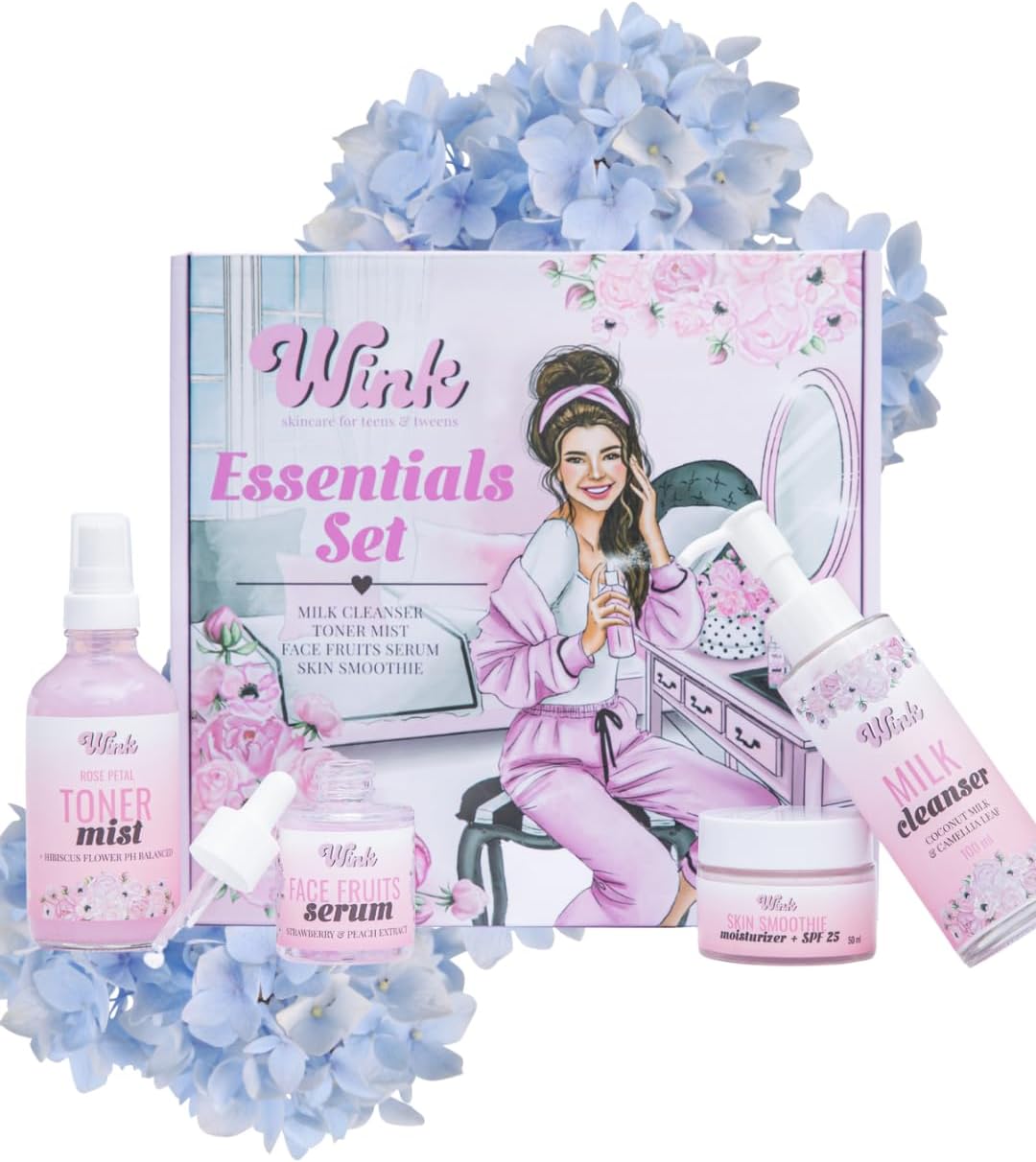 Wink Skincare for Teens – Essentials Skincare Set for Teen Girls | 4-Piece Natural Skincare Kit with Cleanser, Toner Mist, Serum & SPF Moisturizer | Plant-Based, Mom-Approved for Healthy, Glowing Skin