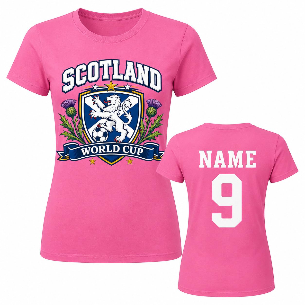 Women’s Personalised Scotland Saltire Thistle World Cup T Shirt Custom Name Number Ladies Football Fan Tee (UK, Alpha, XL, Regular, Regular, Pink)