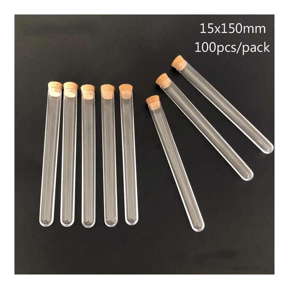 Geeyu ZHaonan- Piccole provette, 100pieces / Pack 15 * 150 Millimetri Trasparente provetta di plastica con Tappo di Sughero U Bottom Laboratorio o Nuziale favorisce Spice Tubo, Facile da Usare