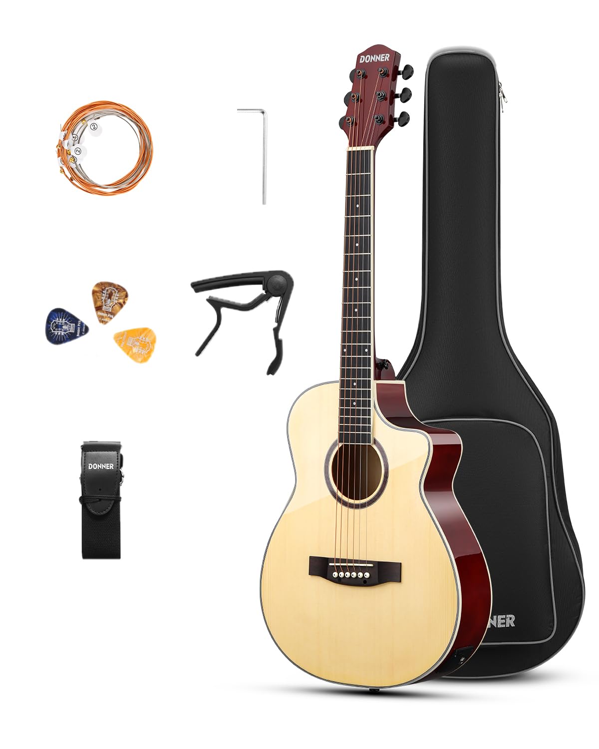 Donner Voyager - Kit de guitarra eléctrica acústica, guitarra JF Cutaway 3/4 con pastilla y afinador integrados, ecualizador de 3 bandas, paquete de guitarra de viaje portátil con bolsa de concierto