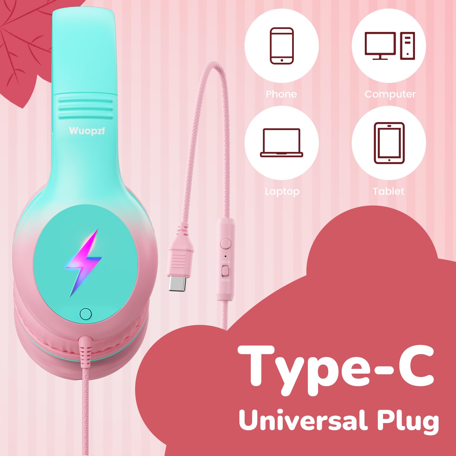 Dziecięce słuchawki USB C do szkoły, ulepszone bezpieczne słuchanie, przewodowe słuchawki nauszne ze światłami LED, ogranicznikiem głośności i mikrofonem, składana konstrukcja do iPhone'a 16