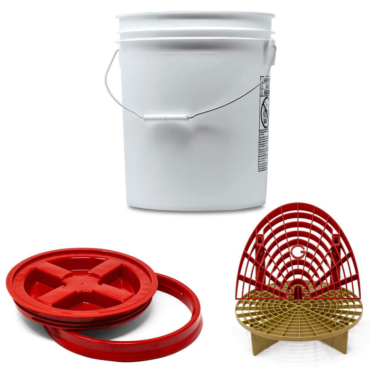 Detailmate professionelles Wasch Eimer Set: Magic Bucket Wascheimer 5 GAL (ca. 20 Liter), Gamma Seal Eimerdeckel rot, GritGuard Schmutz Einsatz Gold, GritGuard Washboard rot