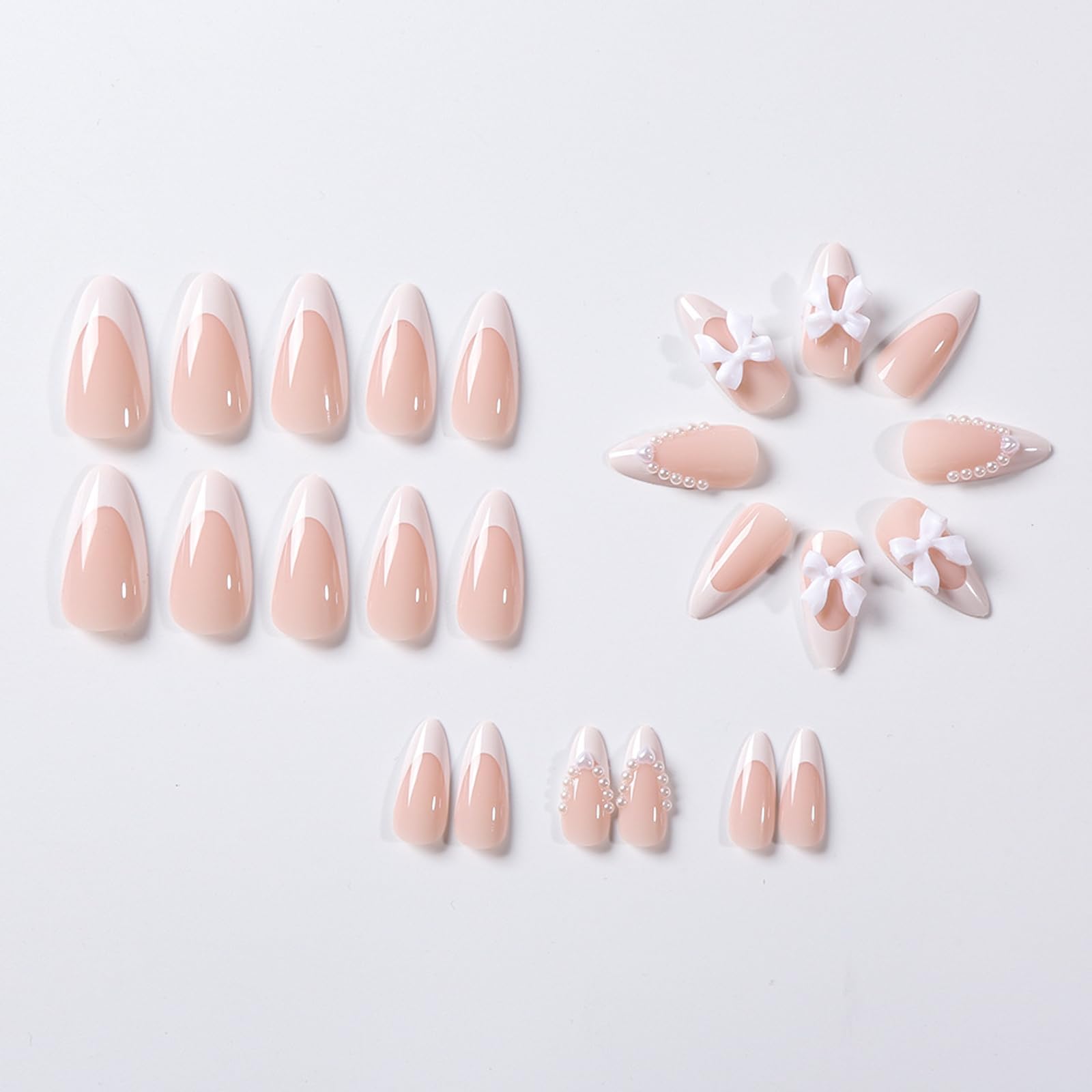 24Pcs Almond False Nails, French Tip False Nails, Stick on Nails with Pearl and White Bow, French Style Almond Press on Nails - Image 3
