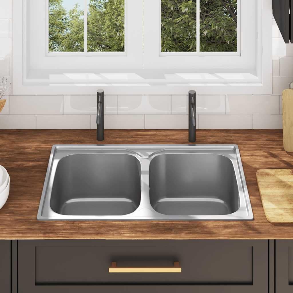Fregadero doble de acero inoxidable con colador y sifón, doble lavabo extraprofundo para sartenes grandes, resistente a los arañazos, resistente a las manchas, duradero, fácil de limpiar y montar,