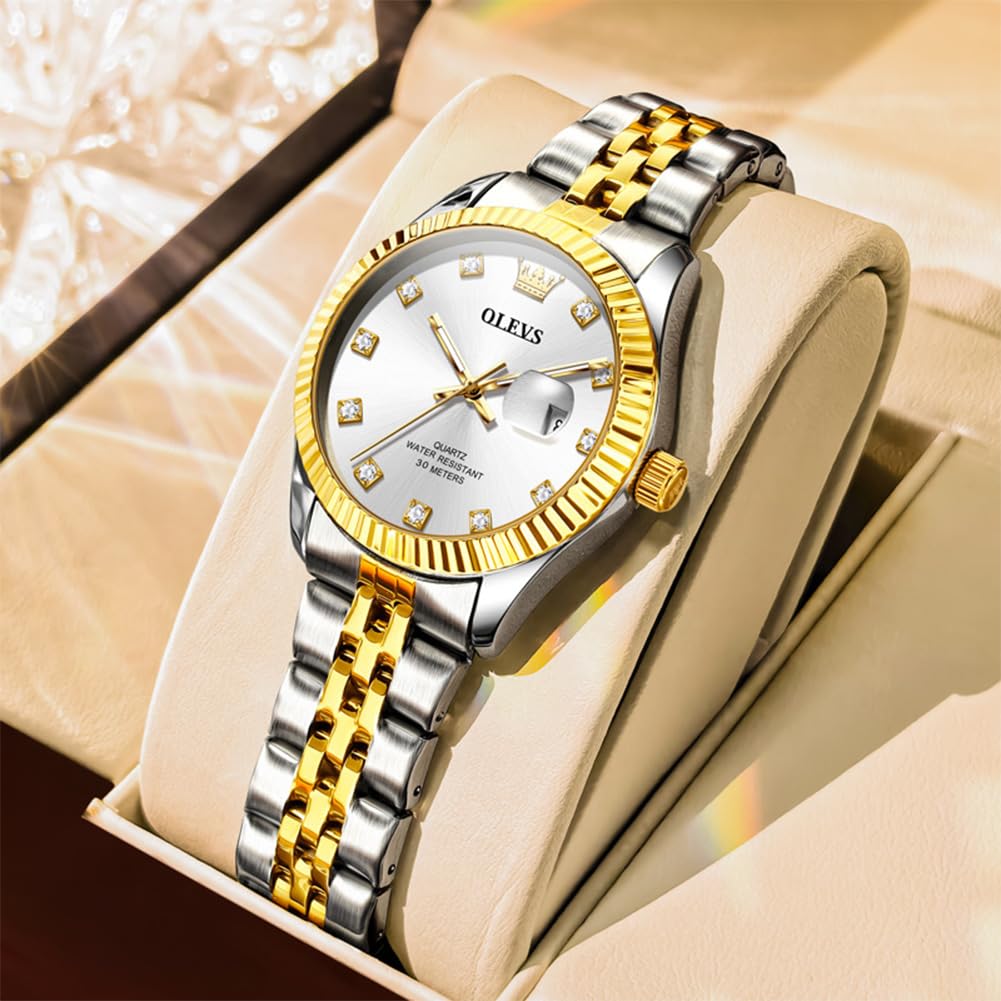 OLEVS Damen Armbanduhr Analog Quarz Wasserdicht Klassische Damenuhr Sliber Edelstahlarmband mit Datum Diamant Schlankes Design Geeignet für schmale Handgelenke