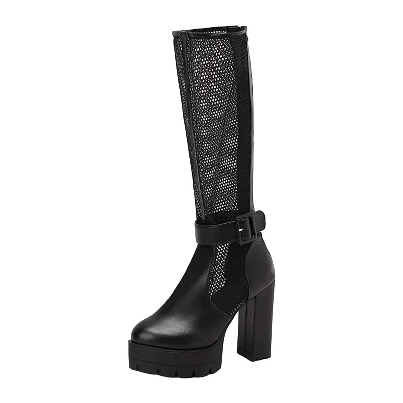 Womens Novelty Dating Knee High Boots With A Round Toe Super High Block Heel And A Platform With