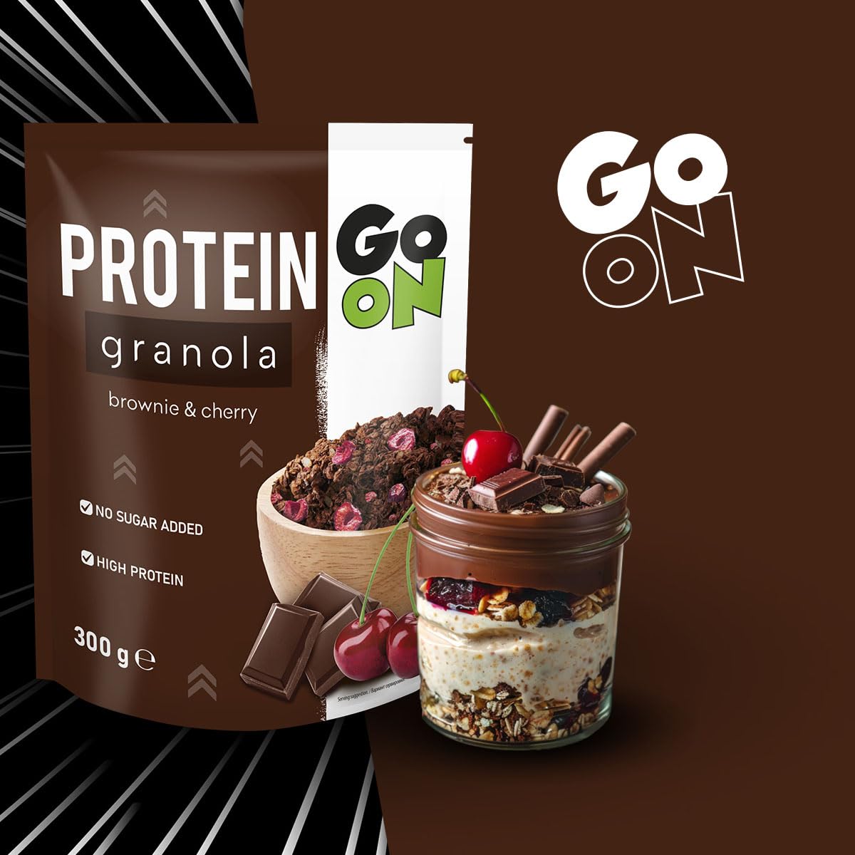 GO ON - Granola białkowa 300g, musli bez cukru, musli granola, chrupiące musli, musli z białkiem roślinnym, zdrowe musli, zdrowe śniadanie, płatki zbożowe - Brownie Cherry