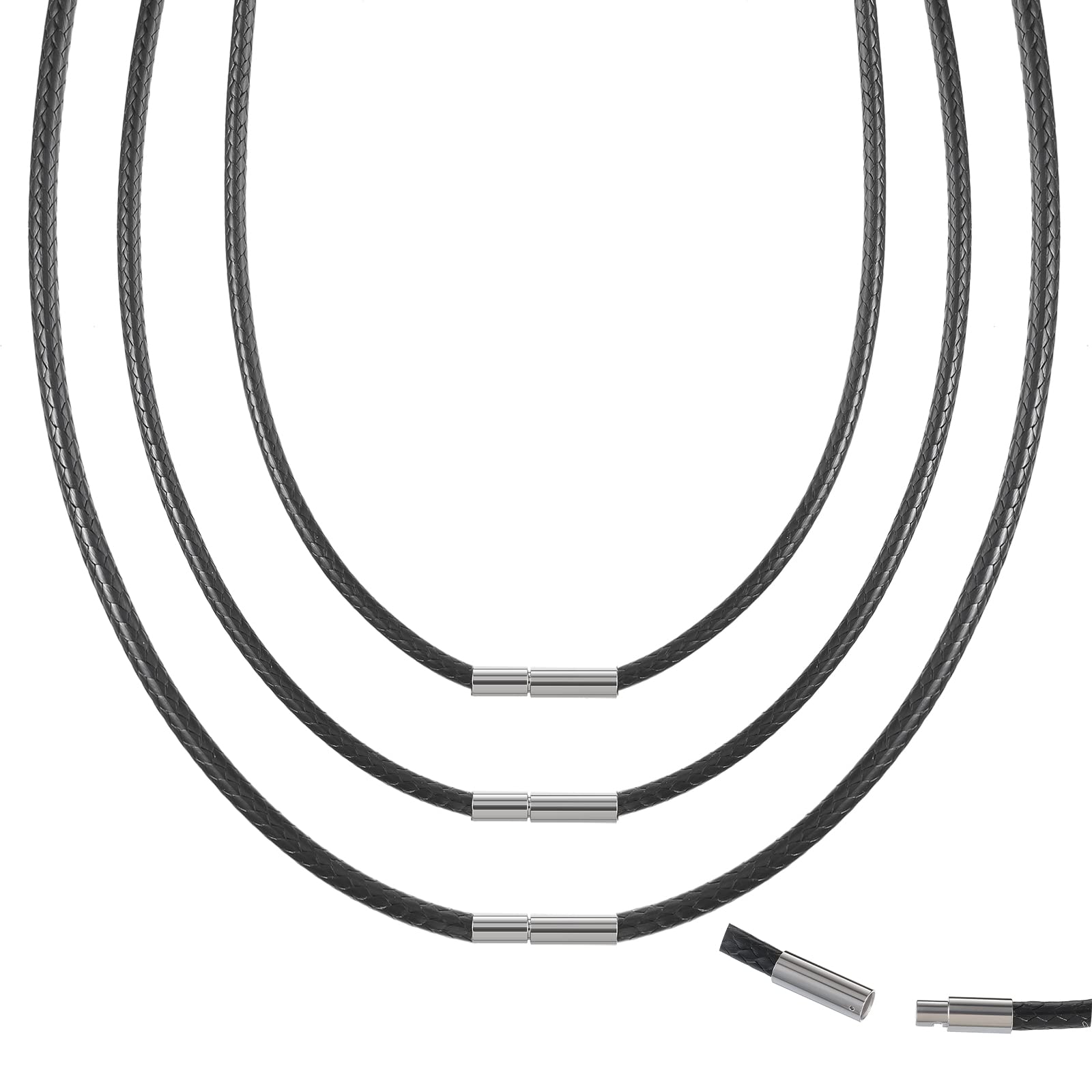Jadive3 Cadenas de Cuero Cordón Trenzado de Colgante Negro Collar de Cuero Falso con Cierre de Acero Inoxidable Collar Básico Personalizable para Regalo Hombre San Valentín con Bolsa Terciopelo