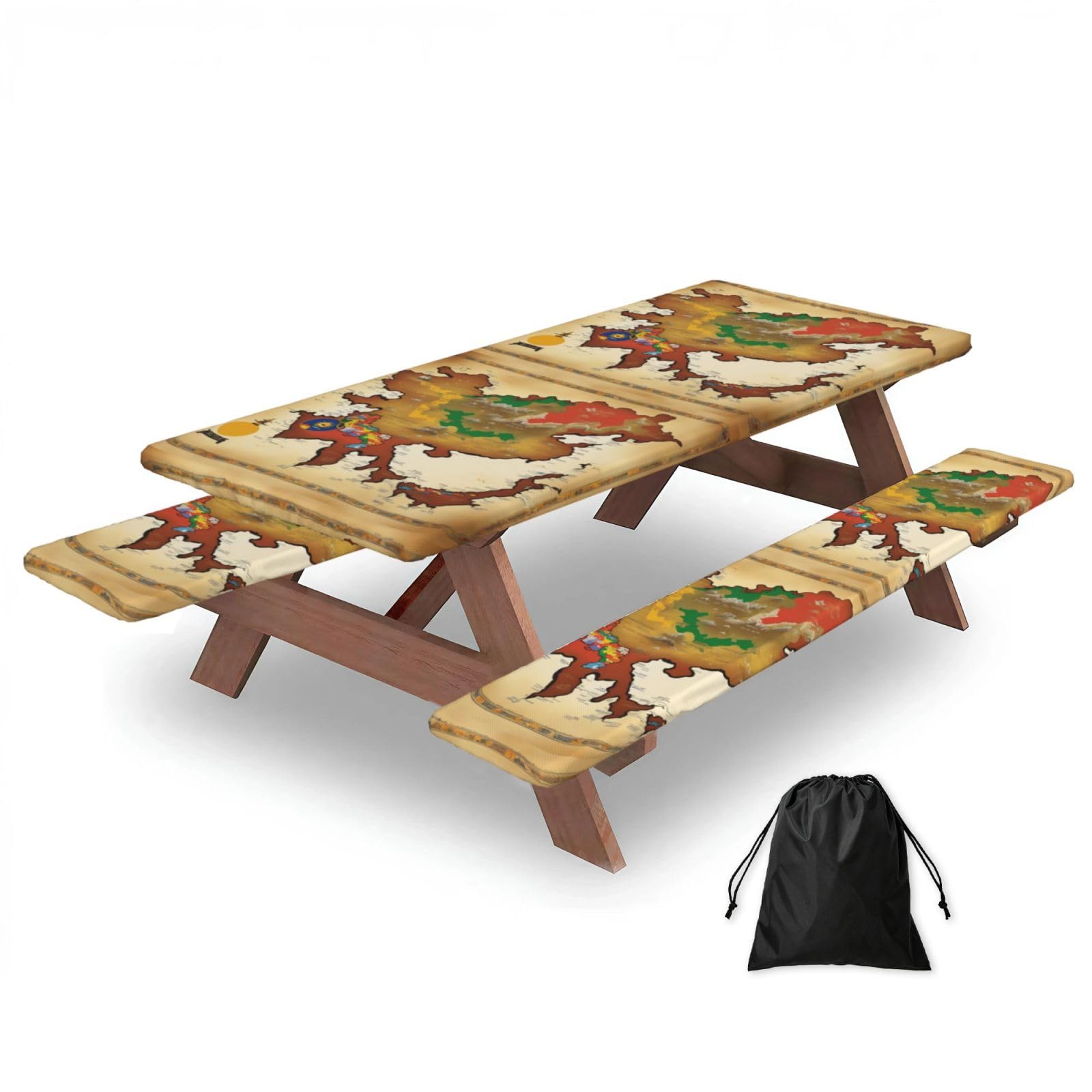 Duwaa Black Kingdom Of Bhutan Map03 Print 183Cm Picnic Table Cover With Bench Covers, Waterproof Elastic Tablecloth Set For Outdoor