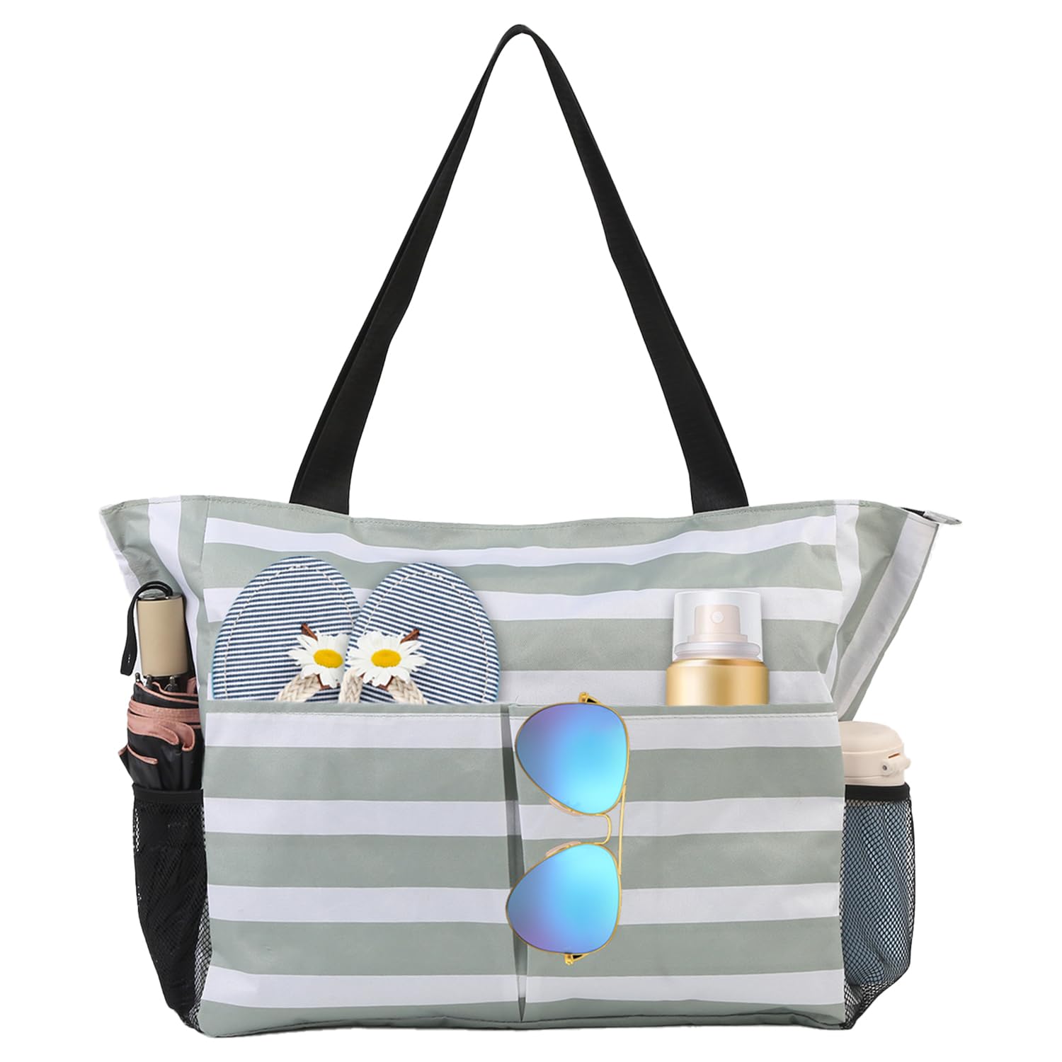 TAHAVICE Extra Large Beach Bag for Women with Zipper, Waterproof Beach Tote Bag with Multi-function Pockets, Reusable Grocery Bags for women, Tote Bags for Shopping Green and White Strip
