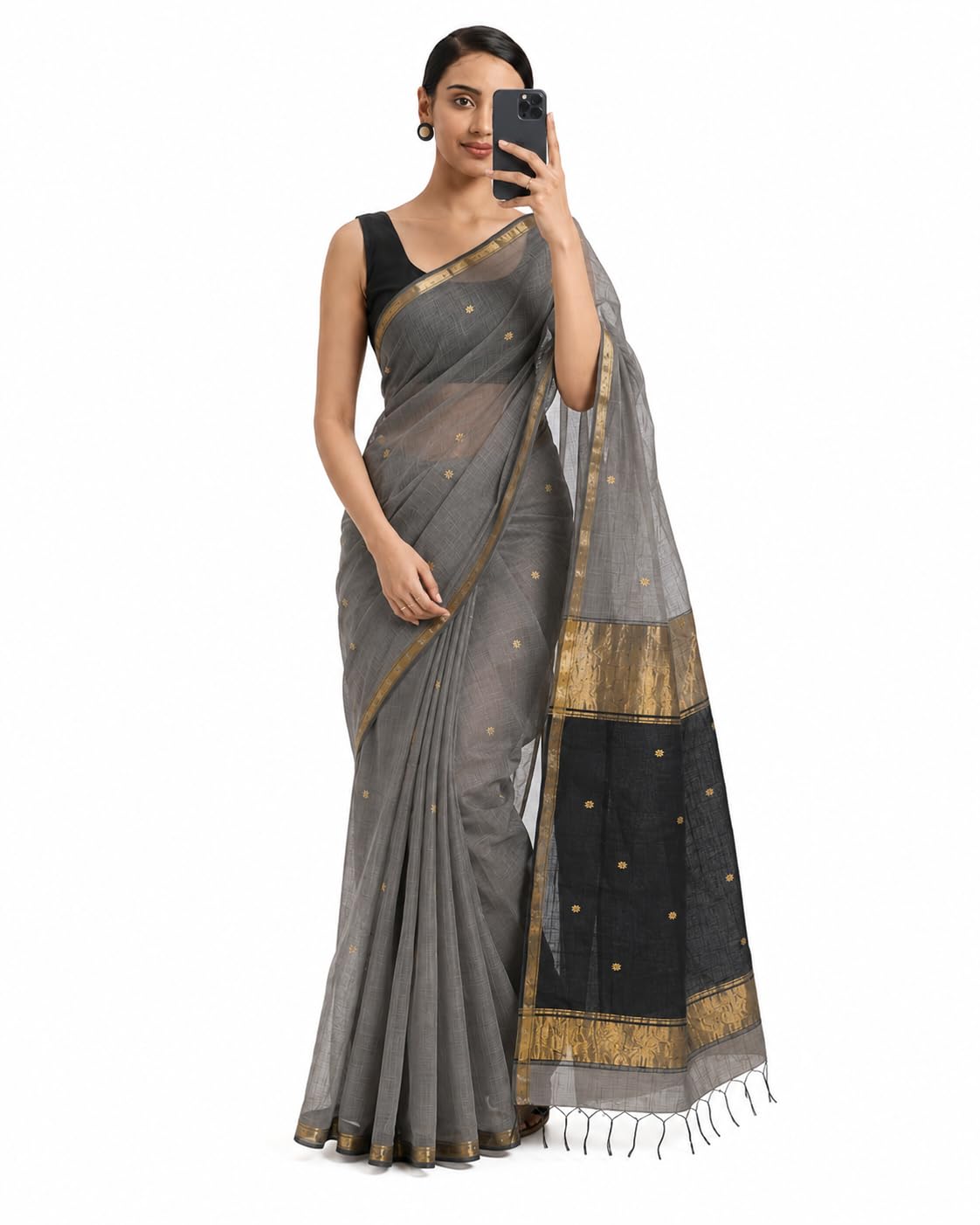 Authentic poly Cotton Silk Saree with Star Woven Design and Contrast Blouse Piece | Traditional Indian Ethnic Wear for Women | Festive Office Casual & Daily Wear-picture-54