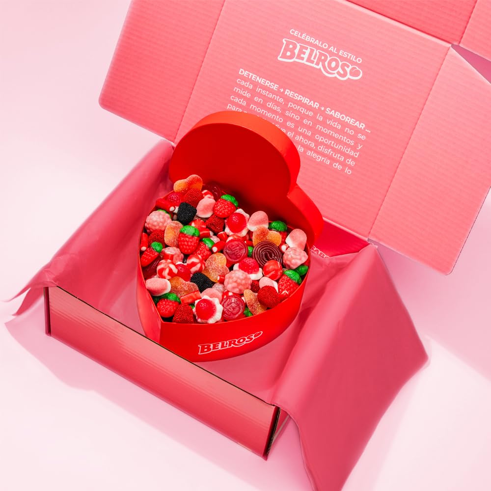BELROS Pack 1,5kg de Gominolas y Chuches. Caja Forma de Corazón. Idea para Regalo Romántico, Dia del Padre, Ideal para Parejas, Dia de la Madre. Ocasión Especial. Surtido de Dulces