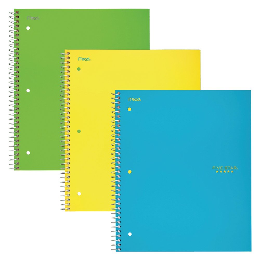 Five Star Spiral Notebooks, 2 Subject, College Ruled Paper, 120 Sheets, 11" x 8-1/2", Teal, Yellow, Lime, 3 Pack (38623)