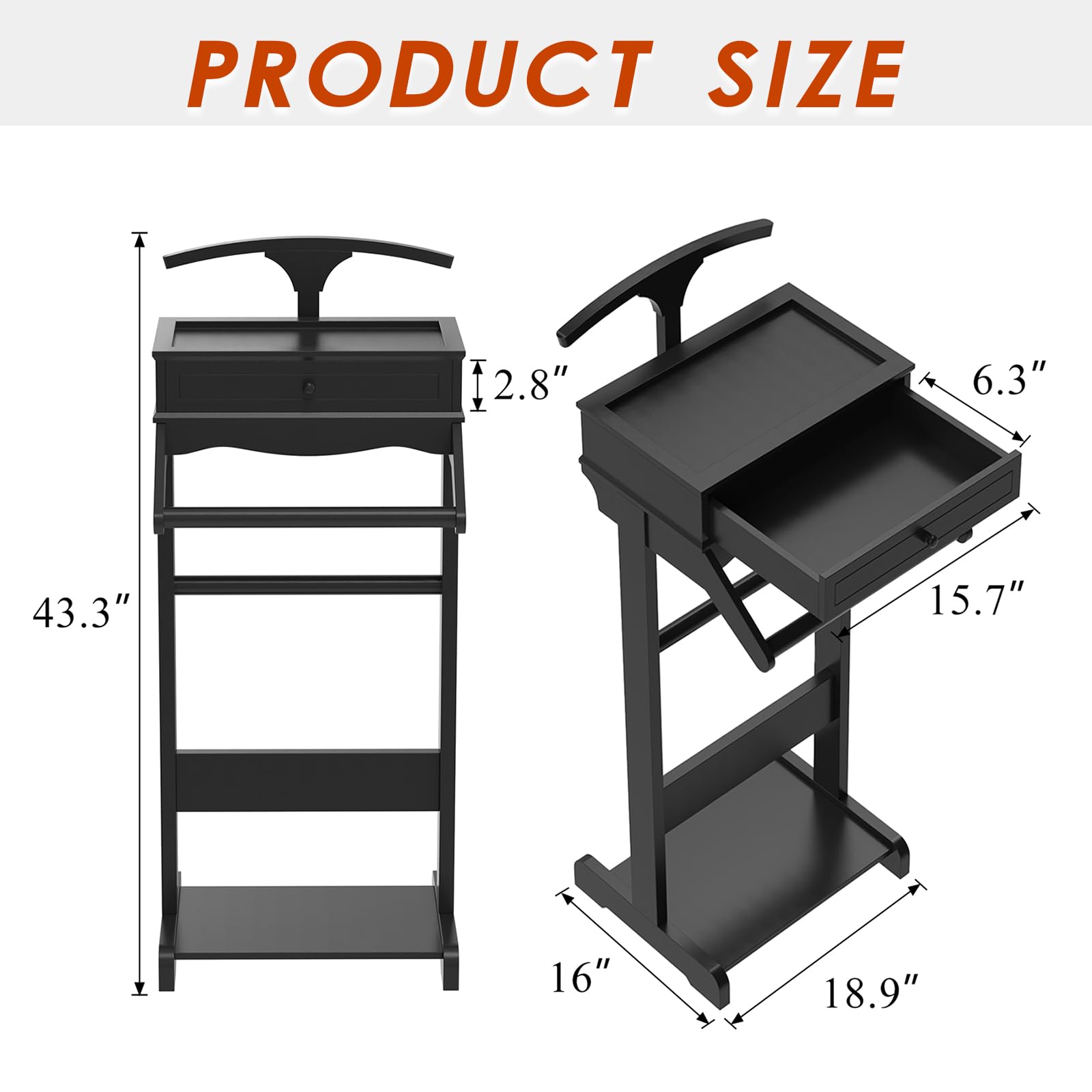Anwick Wooden Valet Stand with Drawer & Tray, Clothing Rack with Storage Shelves, Modern Standing Hanger, Display Free Standing for Entryway, Bedroom, Office