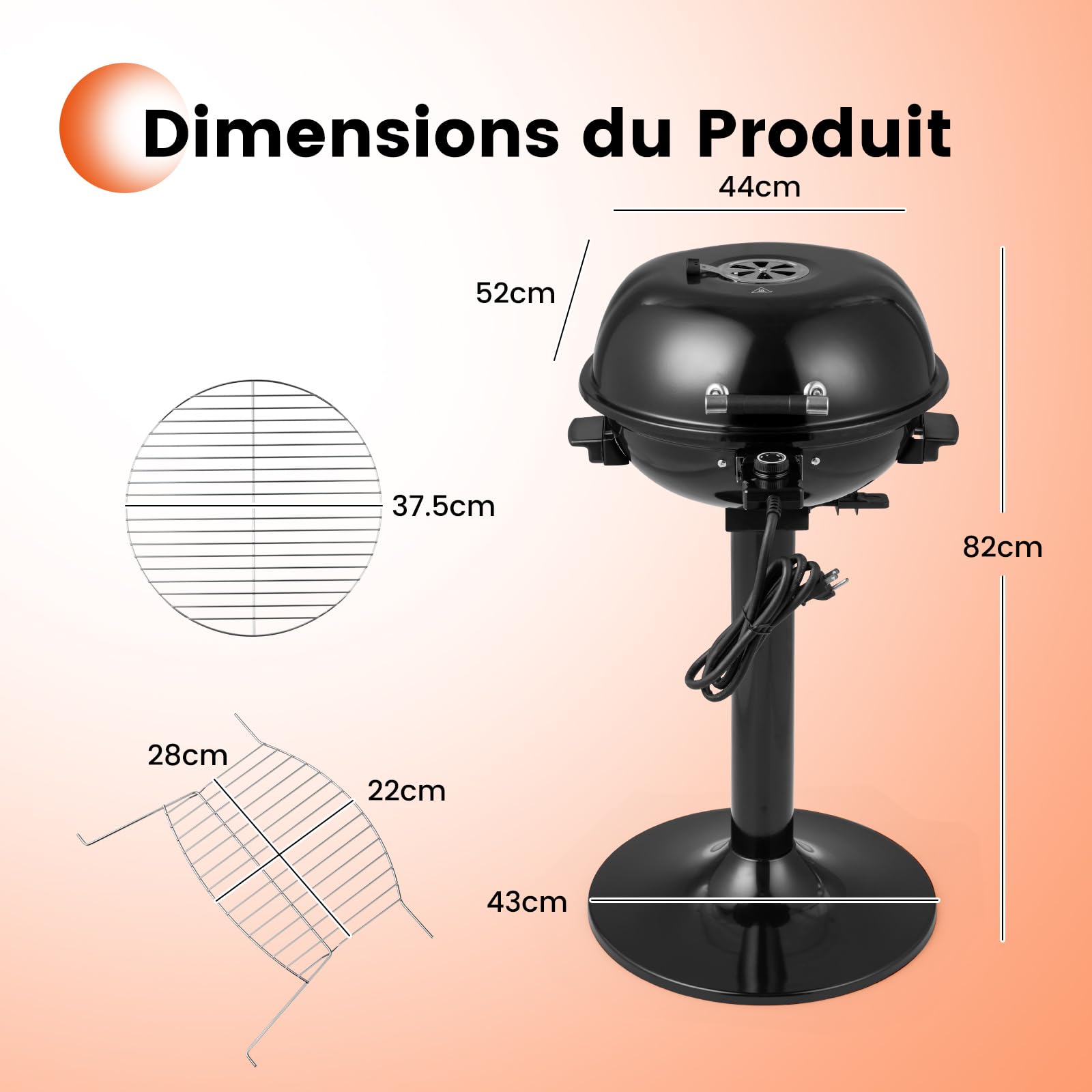 GOPLUS Barbecue Electrique sur Pied φ44CM, 1600W, Température Réglable de 93-218℃, Chauffage Rapide, Grille de Cuisson Métallique, Bac à Graisse et Thermomètre Amovible, pour Intérieur & Extérieur