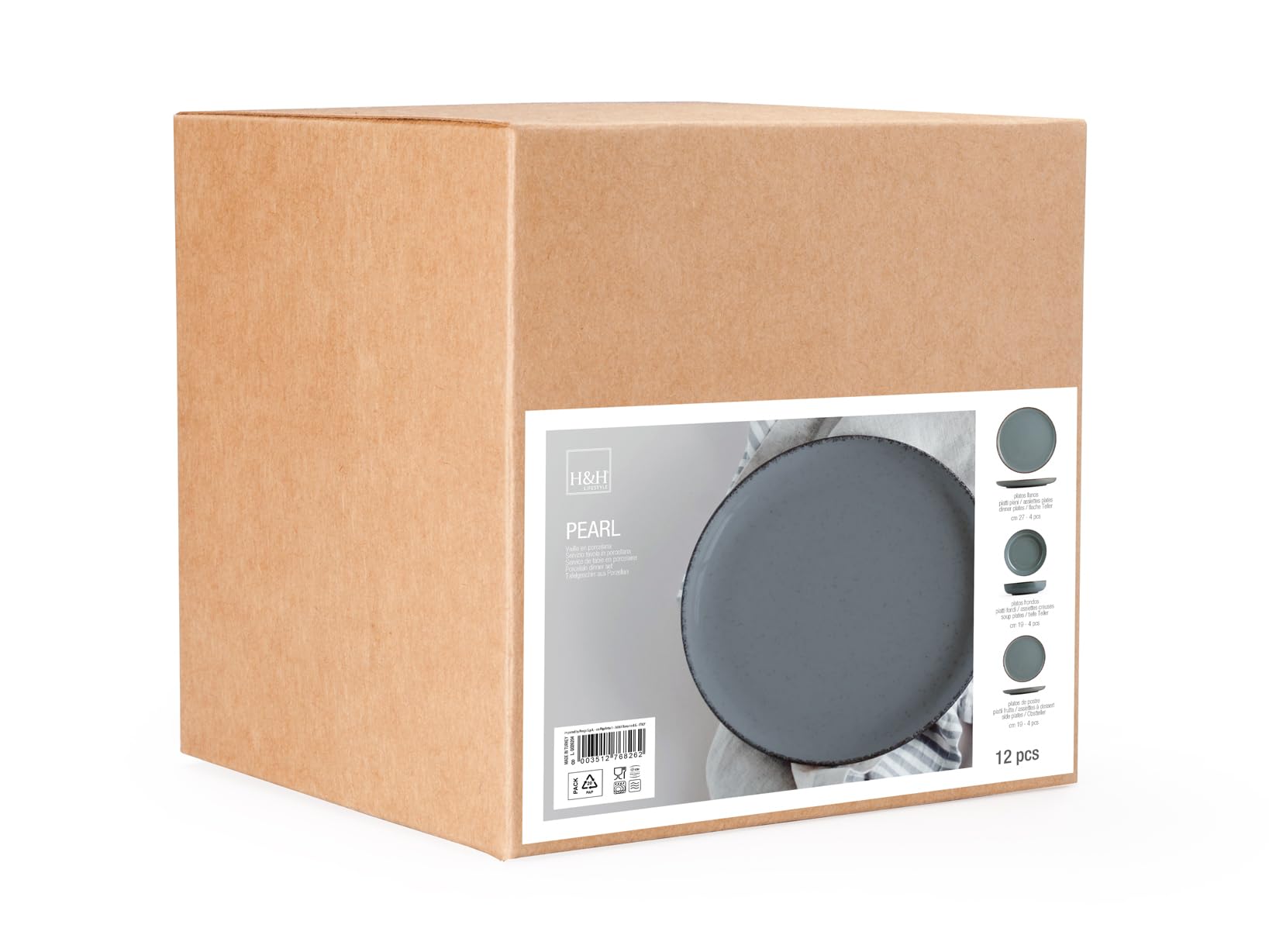 H&H - Servizio Piatti 12 Pezzi Pearl in Porcellana Azzurro – Elegante con Bordo Invecchiato – 4 Piatti Piani, 4 Fondi, 4 da Frutta – Lavabile in Lavastoviglie e Microonde