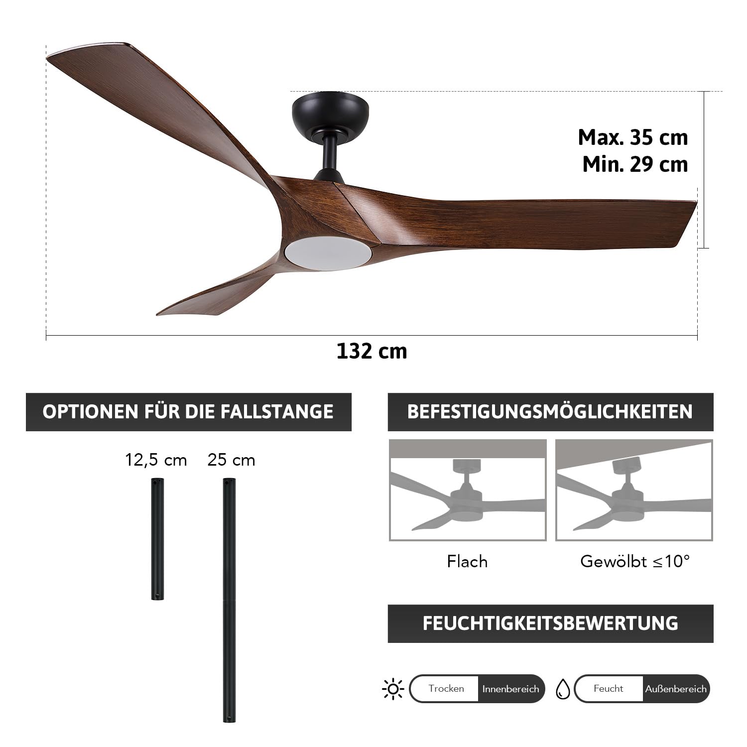 VONLUCE Deckenventilator mit Licht und Fernbedienung - DC Motor, leise 6 Stufen, reversibel Funktion für Sommer und Winter - Ø 91/107/132 cm - 3/5 Flügel, in mehreren Farben erhältlich