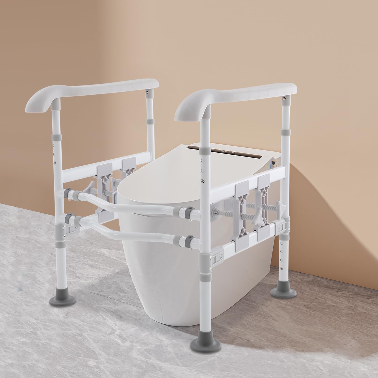 Rieles de seguridad para inodoro, bastidores de seguridad ajustables, ayuda para levantarse con 4 abrazaderas ajustables, rieles de seguridad, capacidad de carga total de 150 kg para baños (gris +