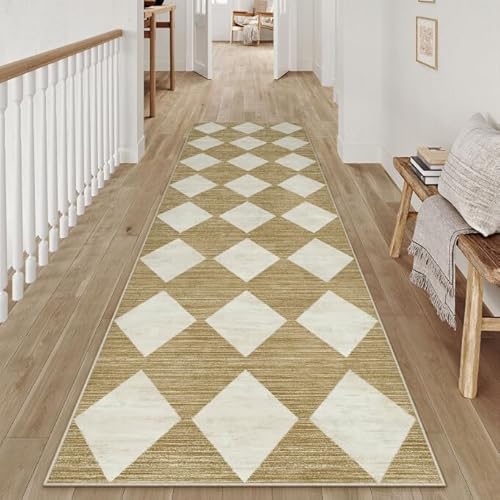 PureCozy 2x8 Runner Checkered Rug for Hallways Beige Washable Long Carpet Non-Slip Low Pile Boho Indoor Accent Throw Rug for Entrance Kitchen Bedroom Dining Laundry 2' x 8' (Runner) Checkere