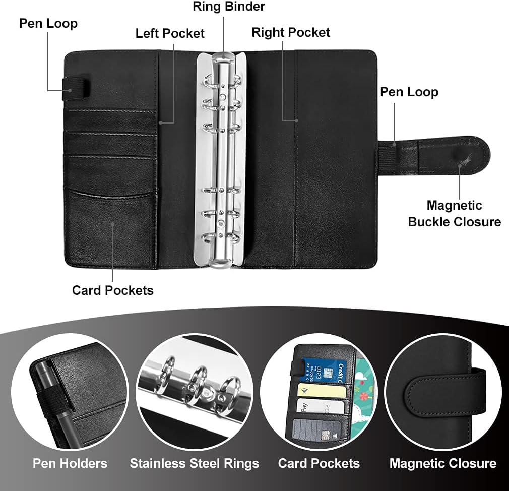 A6 PU Leather Notebook Binder Budget Planner Binder Cover, 8 Pcs Binder Pockets Cash Budget Envelopes System, 1 Pcs Card Bag, 12 Pcs Expense Budget Sheets, 30 Categories Letter Sticker Label (Black)