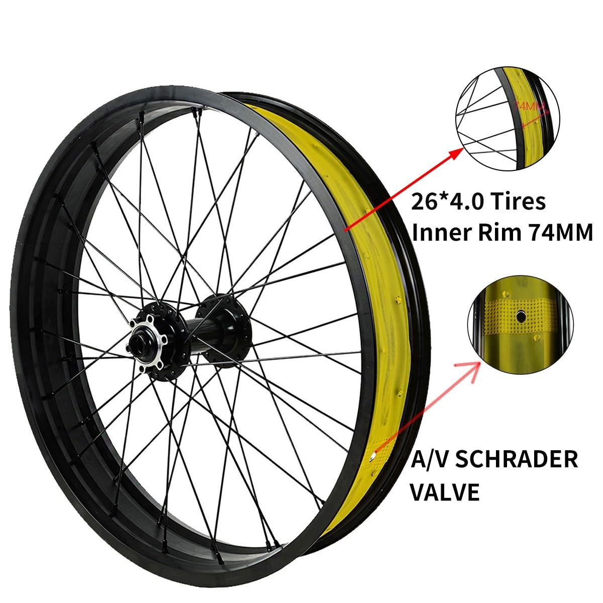 Ruota Anteriore per Biciclette con Pneumatici Larghi 20/26 x 4 Pollici, Cerchio in Lega a Doppia Parete, 36 Fori, Freno a Disco, sgancio rapido 9 x 135 mm, per Bici elettriche da s