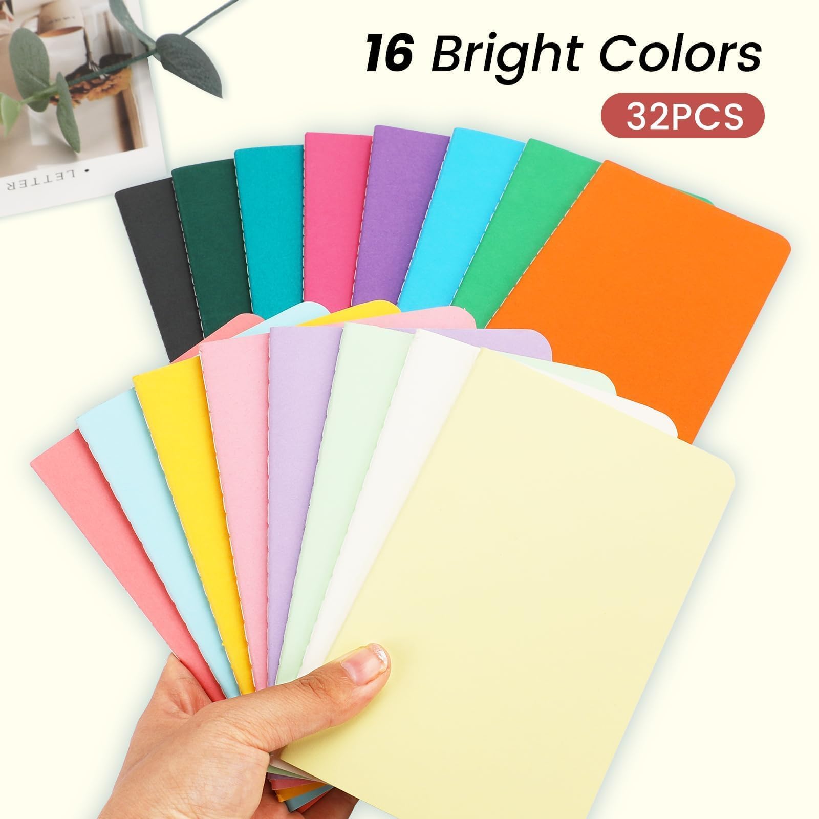 Oucaru Mini-Notizbücher, Großpackung, 8,9 x 14 cm, 16 Farben, 60 Seiten, leeres Papier, kleines Notizbuch, Mini-Tagebuch, Notizblöcke für Studenten, Reisende, Schule, Bürobedarf, 32 Stück