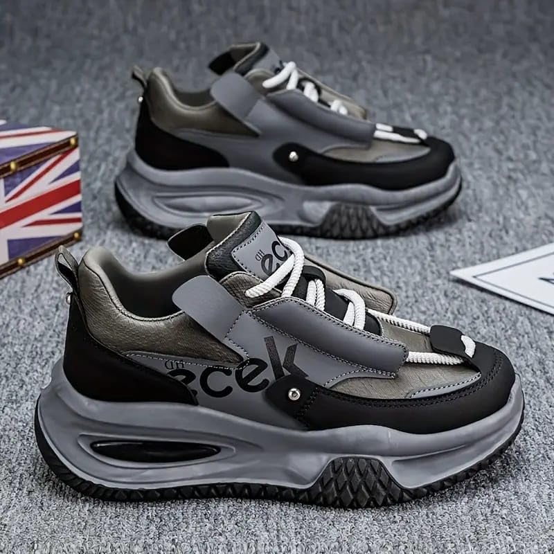 Image of Men's Athletic Running Shoes, Synthetic Leather and Mesh, Black and Grey, Air Cushioned, Lace-up
