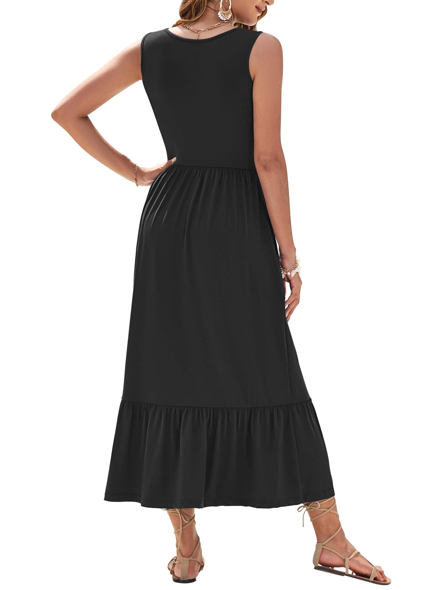 WNEEDU Vestito Estivo da Donna Lungo Senza Maniche con Vita Impero Scollo a U Abiti da Spiaggia ariosi con Tasche