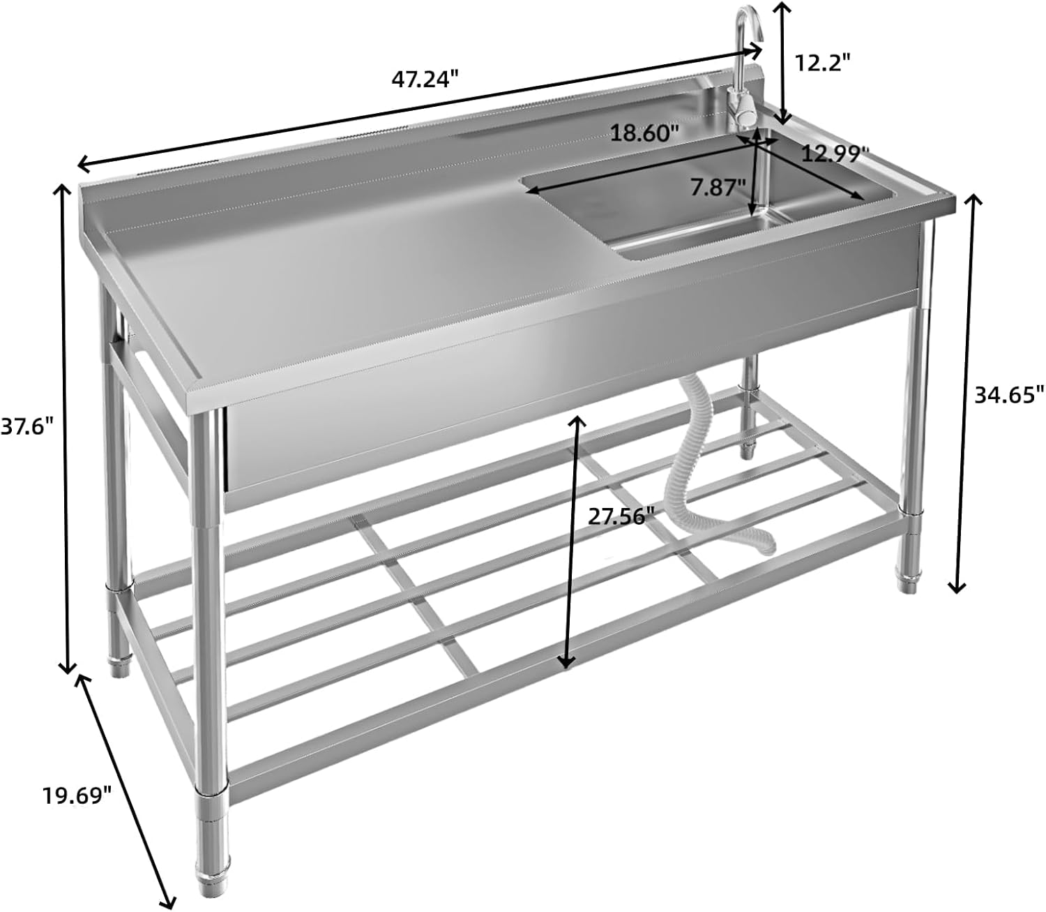 Stainless Steel Utility Sink, 47" x 20" x 37" Free Standing Single Bowl Sink with Faucet, Legs, Cold and Hot Water Pipe for Laundry, Kitchen, Garage, Outdoor, Garden, Heavy-Duty, Easy to Clean