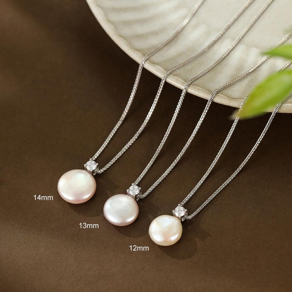 JaruJaru Barock Perlen Halskette | 12-13mm Münzperle Anhänger aus 5A+ Zuchtperlen | Mit S925 Sterling Silber Figaro Kette | Kreativer klassischer Schmuck
