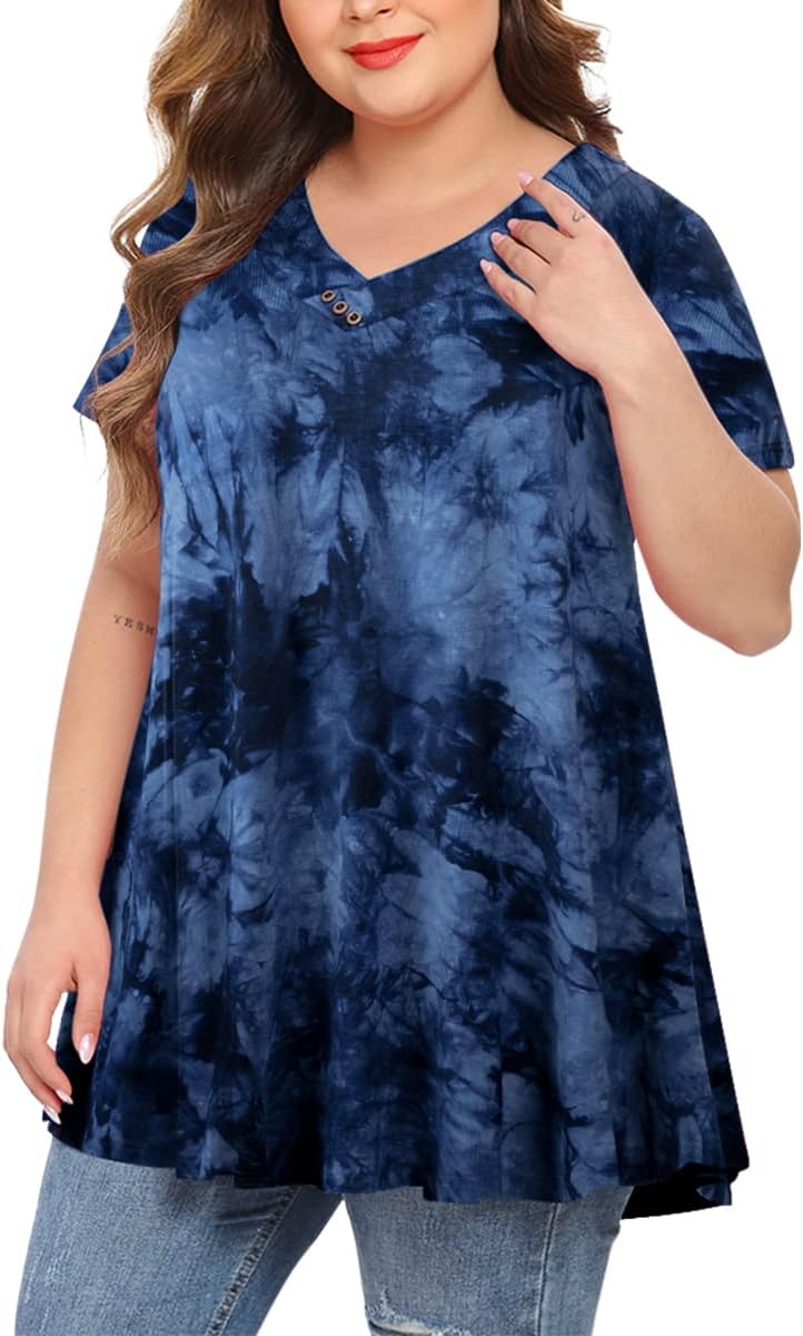 MONNUROWomens Plus Size Short Sleeve V Neck Button Basic Tunic Tops Summer Swing Shirts Blouses for Leggings