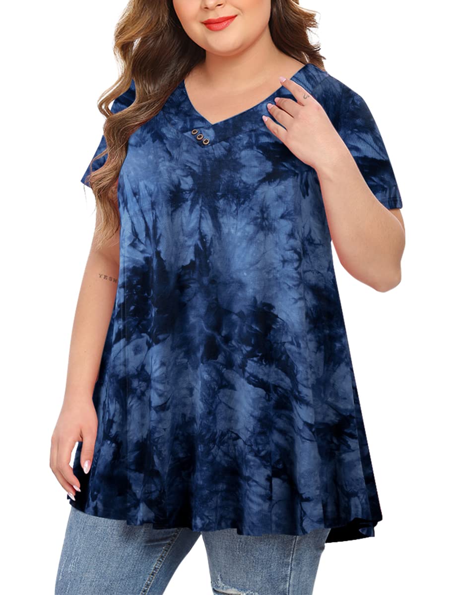 MONNUROWomens Plus Size Short Sleeve V Neck Button Basic Tunic Tops Summer Swing Shirts Blouses for Leggings