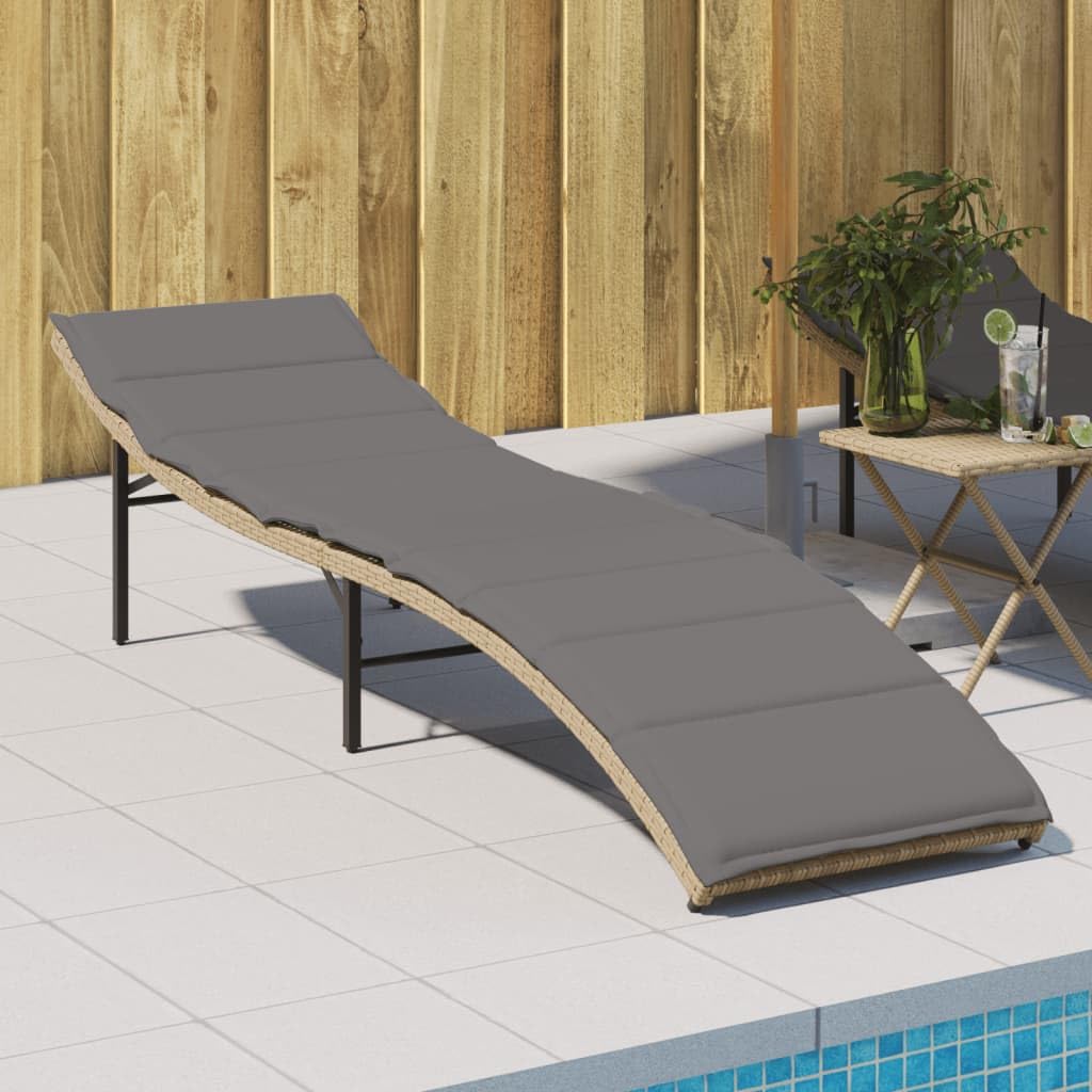Lettino Prendisole Beige con Cuscini Grigi 55x199x50 cm Polyrattan Letto Solarium Regolabile 3 Posizioni Robusti da Giardino Esterno Poltrone Relax Lounge con Struttura Acciaio Resistente UV 110 kg