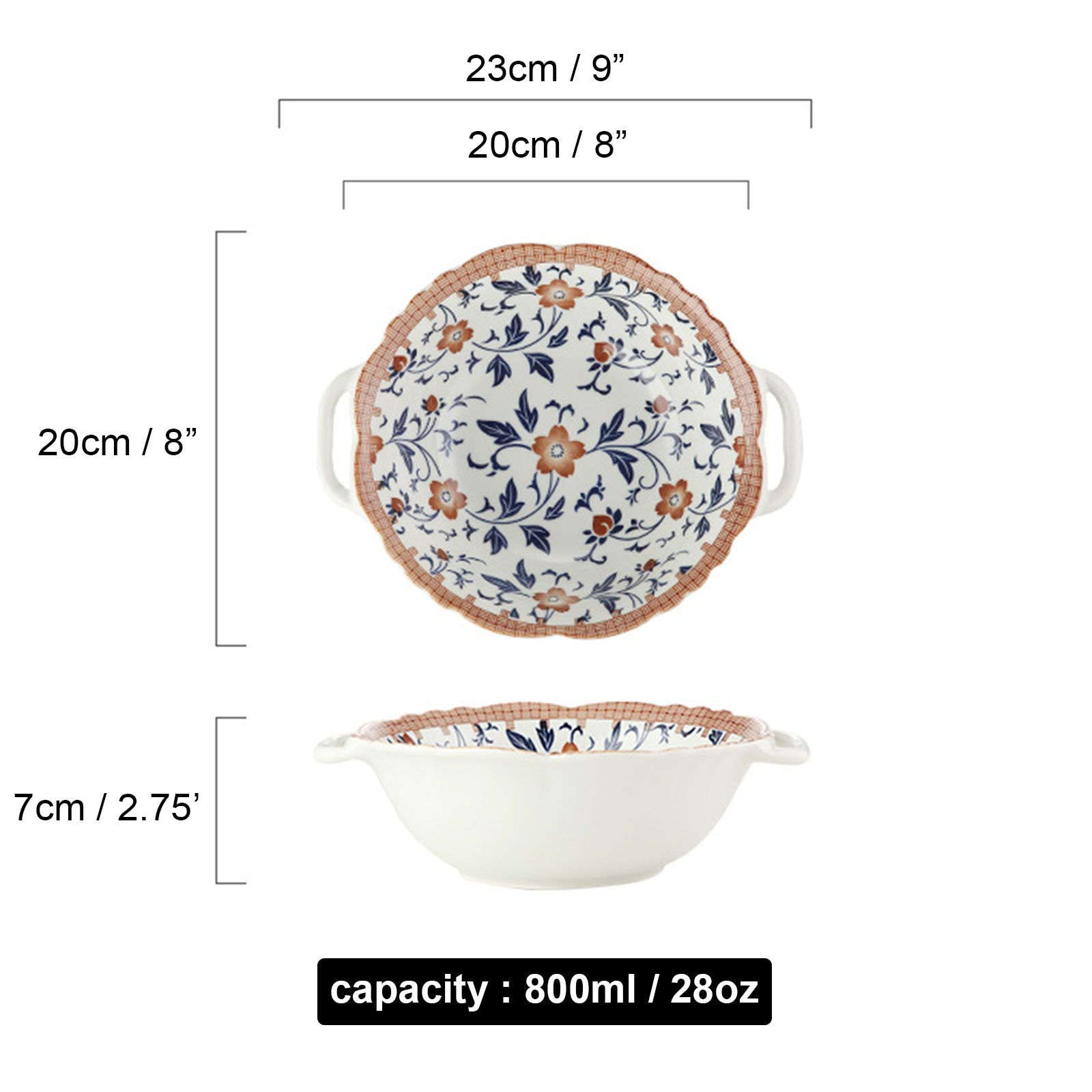 Vaisselle Bol à soupe ramen en céramique, tasse à soupe, bol en céramique, bol à ramen en céramique, grands bols pho, bol à soupe au micro-ondes, bol à nouilles Udon-Fu-23x20x7cm,800ml(Couleur:Floret)