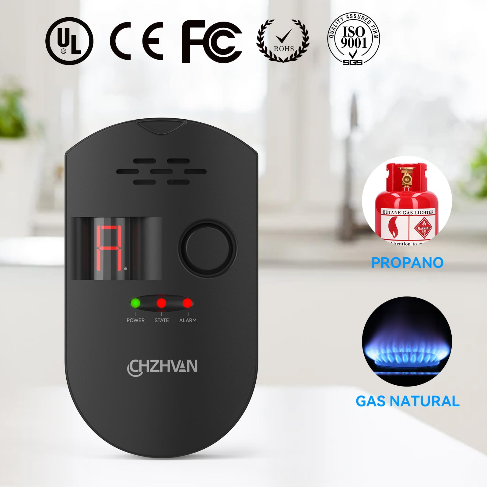 Sensor Enchufable para Detector de Gas/Gas Natural/GLP Carbono con Alarma Sonora, Pantalla Digital LED, y Monitoreo para Metano, Propano, Butano Gases Combustibles