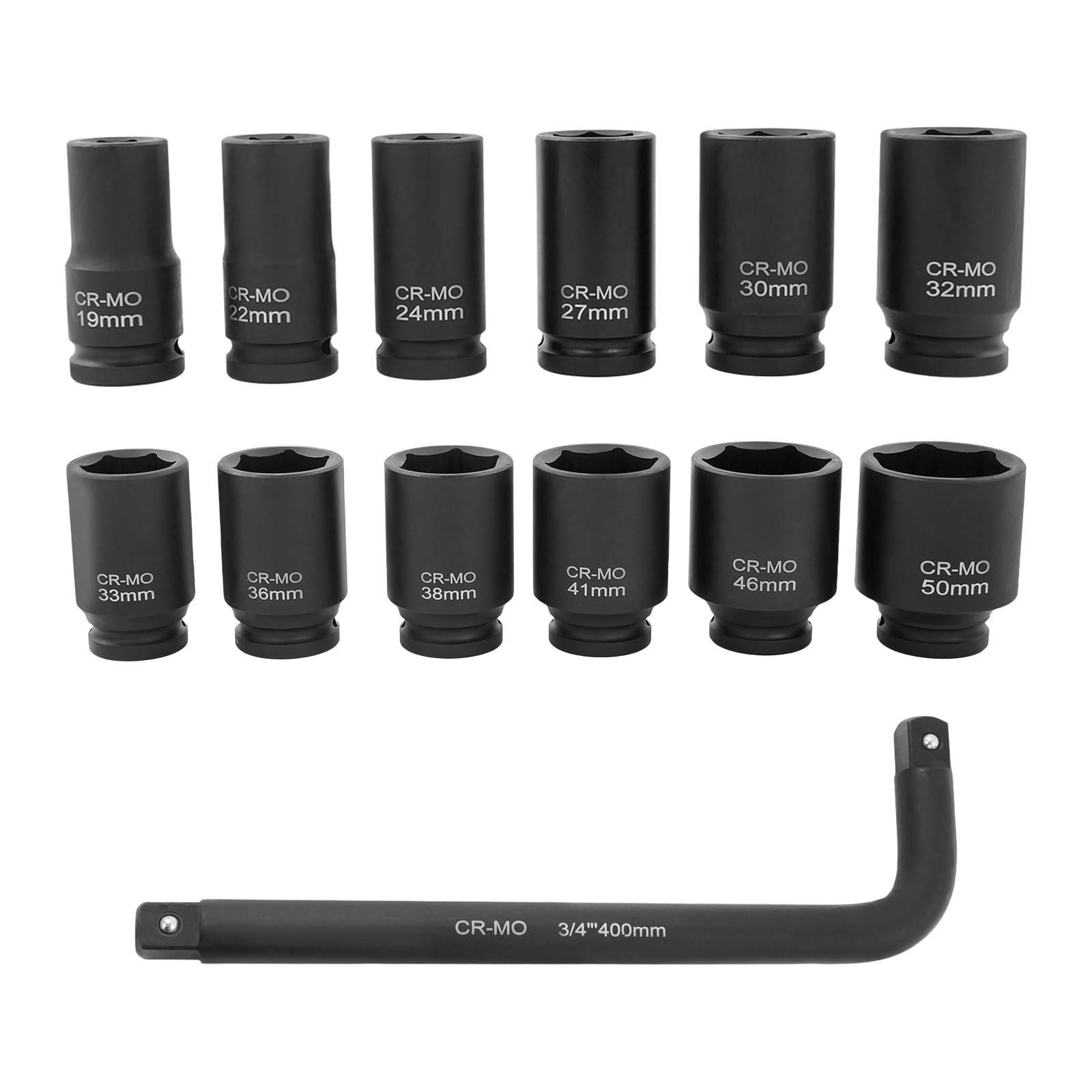 3/4 Zoll Kraft-Steckschlüsselsatz, 13-teilig Schlagschrauber Nüsse Set 19-50mm, Nusskasten aus wärmebehandeltem Cr-Mo Stahl, Profi Werkzeug für KFZ LKW Reparatur und Industrie inkl. Koffer