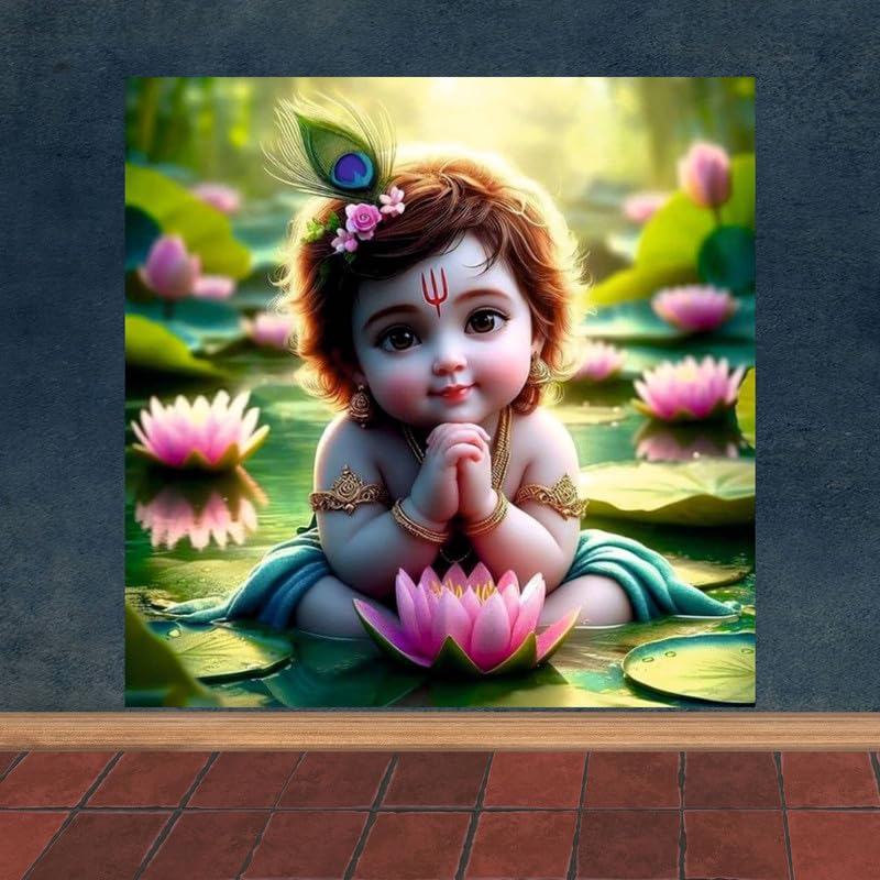 Image of British Terminal Cute little Bal Gopal Baby God Krishna| Kanha Ji | Laddu Lord Makhan Chor Painting Religious Poster for Pregnant Women for wall (matt thin vinyl,sticker,multicolor,unframed)| bj420