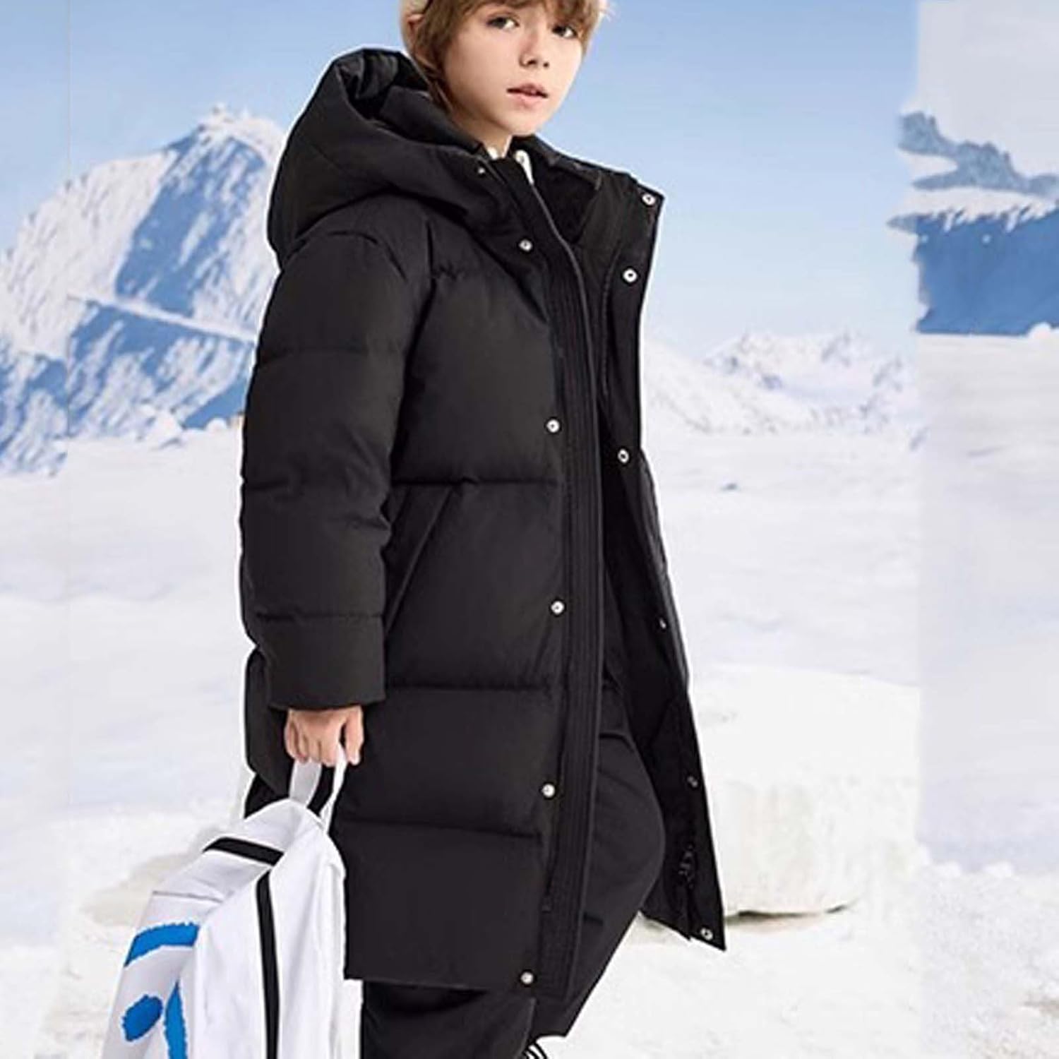 Kids Long Winter Coat Girls Thick Windproof Jacket with Hood Mid Length Down Parka for Adolescent 4-15 Years