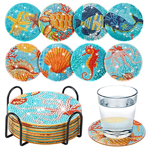 8 Stück Diamond Painting Untersetzer, DIY Meereslebewesen Diamond Untersetzer mit Halter,Dekorative Hölzern Untersetzer mit Diamond Painting Kit für Erwachsene Kinder Anfänger Cover