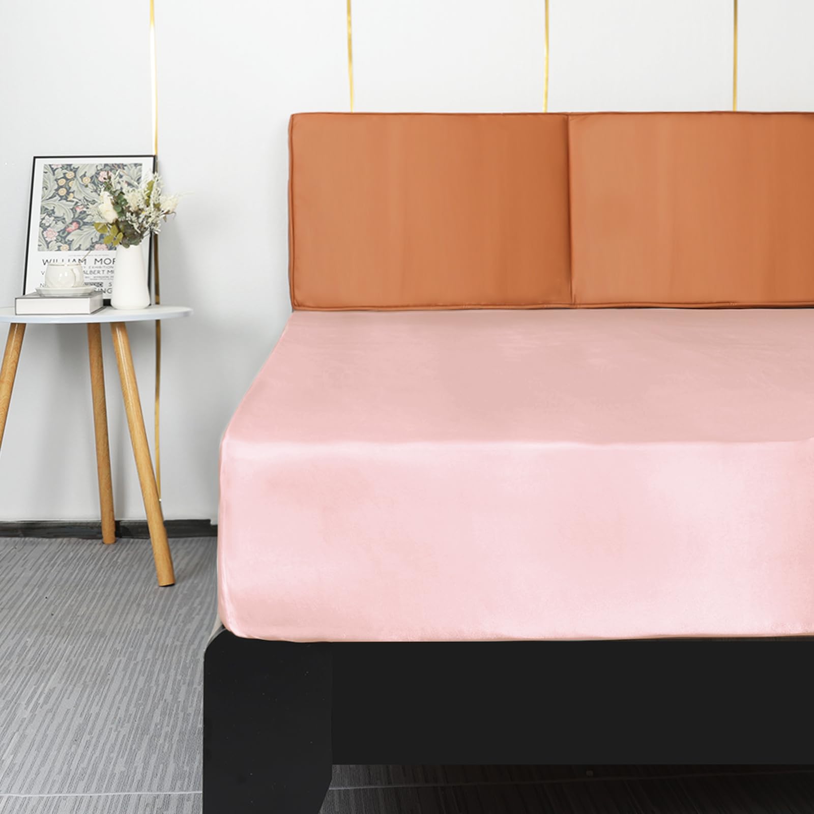 Sábana bajera de satén, lujosa ropa de cama de poliéster suave y sedoso con bolsillo profundo, funda de colchón, individual XL, rosa claro