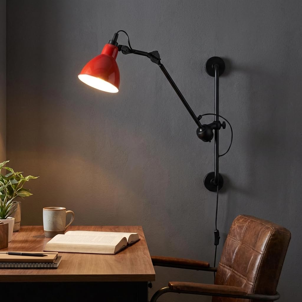 BARCRLONA LED Aplique de pared articulado industrial RUBY 210 con enchufe E27, lámpara de pared orientable 360°, brazo ajustable estilo loft para dormitorio, estudio, oficina, salón o restaurante