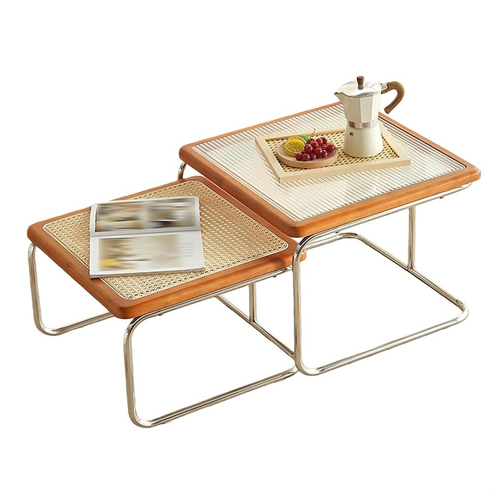 Table basse gigogne en bois massif et rotin | Ensemble empilable de salon
