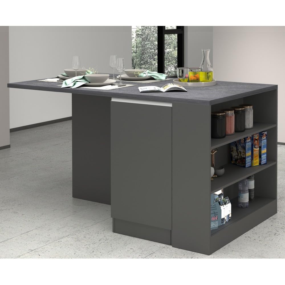 Îlot De Cuisine Mobile Avec Plan Extensible | De 112cm à 180,5cm | 7 Roulettes | Rangement Tiroirs & Étagères | Finition Naturel & Gris