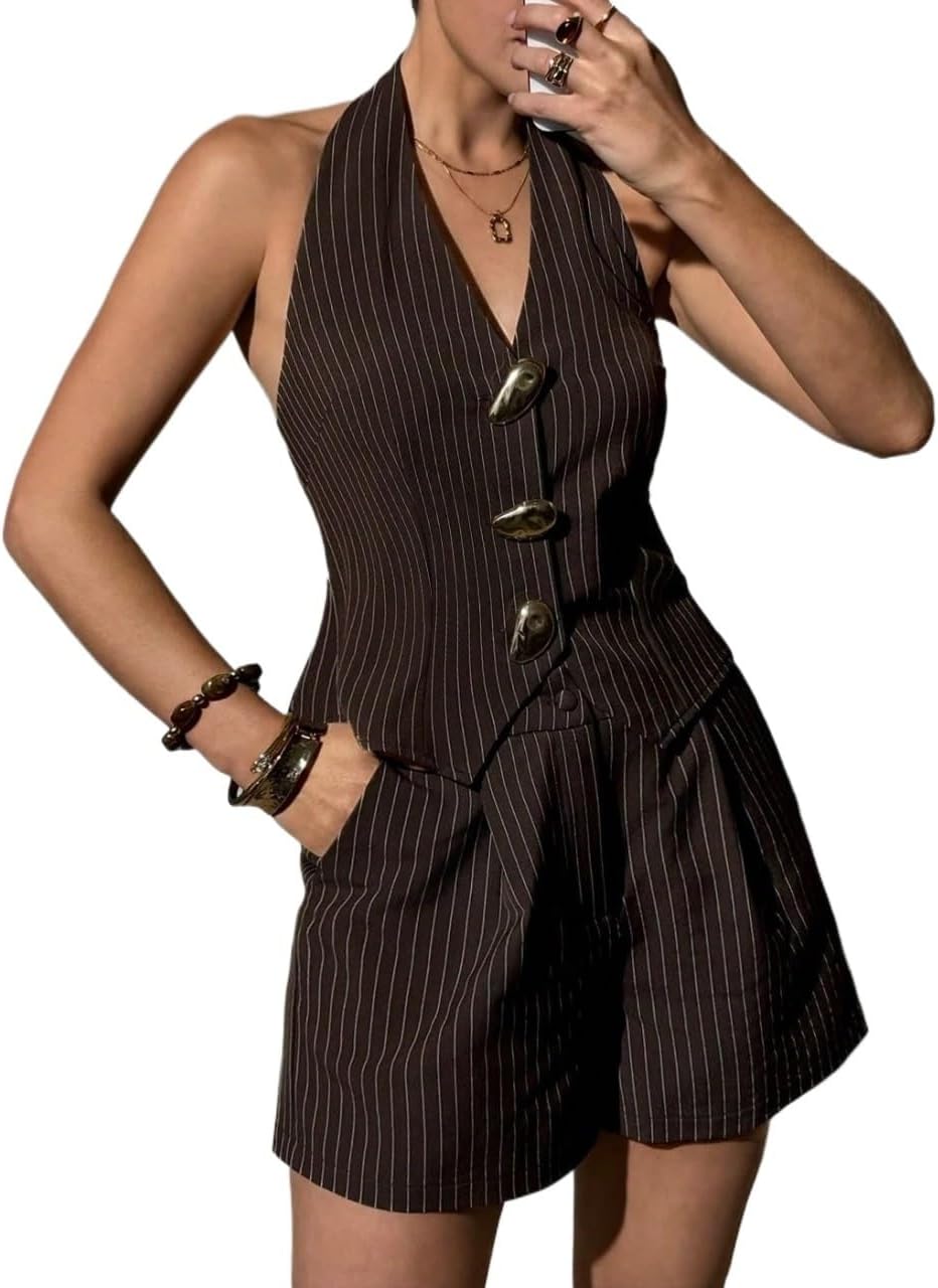Women's 2 Piece Outfits Set - Casual Sleeveless Halter Top And Mini Shorts For Summer 2026