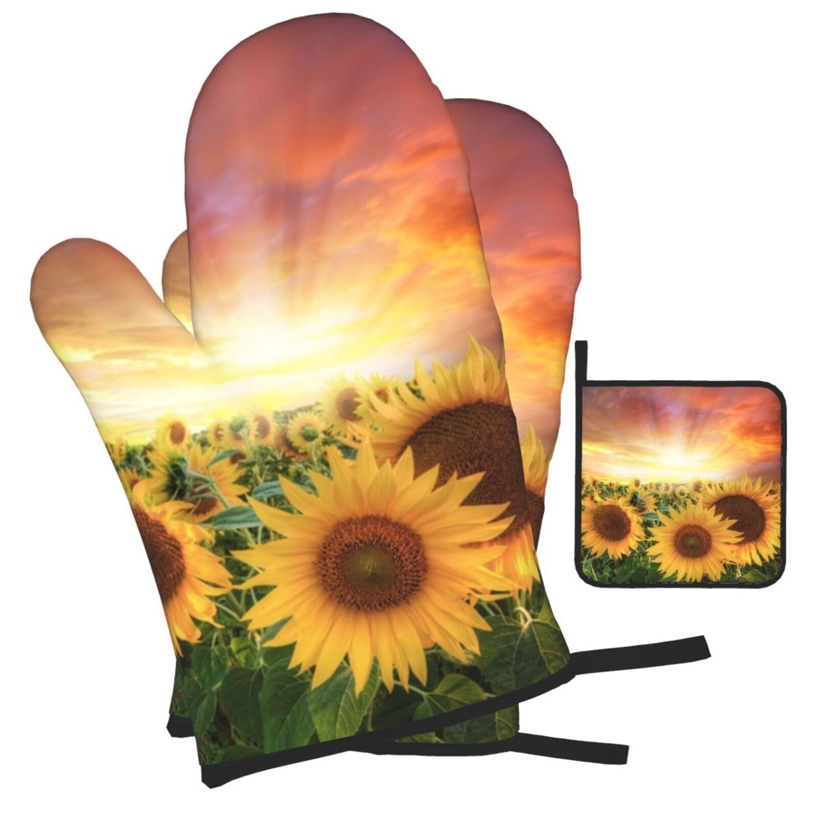 Sunflowers Sunset Sunlight Landscape Printed Oven Mitts and Pot Holders Heat Resistant Set of 3 Pcs, Modern Kitchen Gloves & Potholders for Cooking Baking Grilling