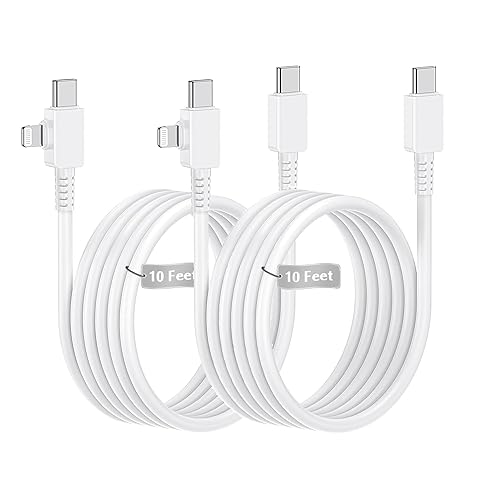 2 in 1 iPhone Fast Charger Cable 10ft, Long USB C to C Charging Cord/Type C to Lightning for Apple iPhone 17 Pro Max/17 Air/16 Pro/16e/15 Plus/14/13/12 Mini/11/XS/XR/X/8/7 Plus/6S/iPad/MacBook Pro - iPhone Charger-2 in 1 - 10ft