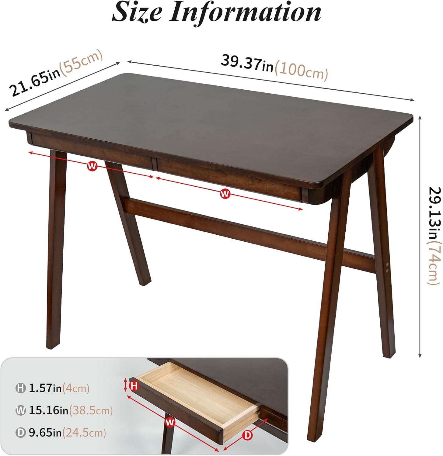 Computer Desk with Drawers, Solid Wood Writing Desk, Mid Century Modern Home Office Desks, Oak Study Table, Small Desk for Bedroom, 29.1 H x 39.4 W x 21.7 D Inches, Walnut